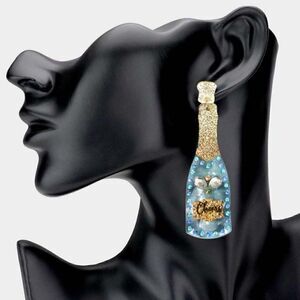 Champagne Bottle Rhinestone Blue Acetate Dangle Earrings